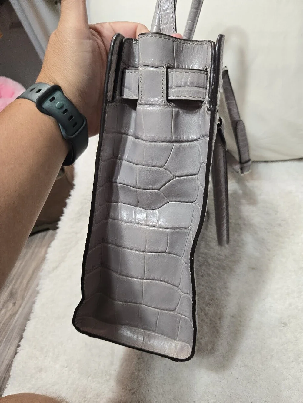 Michael Kors Dillon Satchel Dove Gray Croc Embossed Leather Shoulder Bag